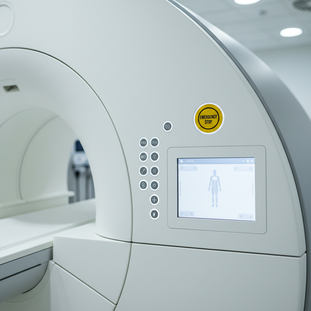A close-up photographic shot of an open MRI control panel integrated into the side of the scanner, featuring clearly labeled buttons, a smooth touch-screen display, and a prominent emergency stop button in safety yellow. The panel’s surface is a matte white polymer with subtle texture, while the display shows a simplified, clean interface in calm blue and gray tones. Soft, cool-white overhead lighting creates gentle reflections on the panel without glare. The background is intentionally blurred, hinting at the curved structure of the open MRI magnet. Captured from a slightly low angle with shallow depth of field, the mood is precise, reliable, and highly professional, highlighting intuitive, modern medical equipment design.